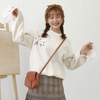 Lace Panel Embroidered Pullover
