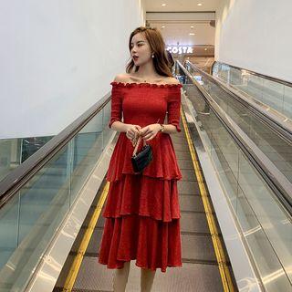 Cold Shoulder Elbow-sleeve Midi Tiered Dress