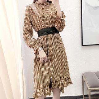 Ruffle Hem Patterned Long-sleeve Dress