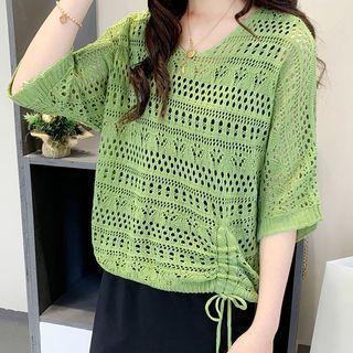 Set: Elbow-sleeve Drawstring Crochet Knit Top + Midi Sheath Tank Dress