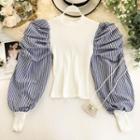 Striped Balloon-sleeve Ribbed Knit Top