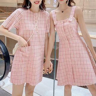 Plaid Short-sleeve Short-sleeve Mini Shift Dress / Spaghetti Strap Mini A-line Dress