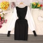 Lantern-sleeve Two-tone Sheath Dress Black - One Size