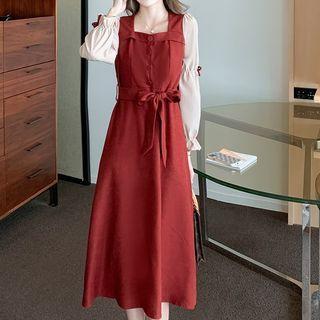 Long-sleeve Two-tone Panel Sashed Midi A-line Dress