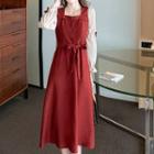 Long-sleeve Two-tone Panel Sashed Midi A-line Dress