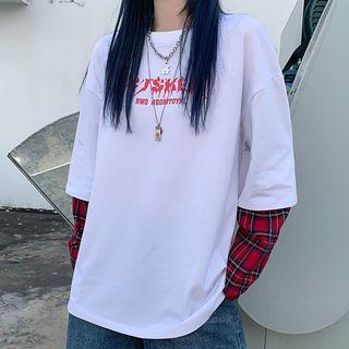 Mock Two-piece Check Panel Loose-fit Top