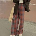 High-waist Plaid Wide-leg Pants Red - One Size