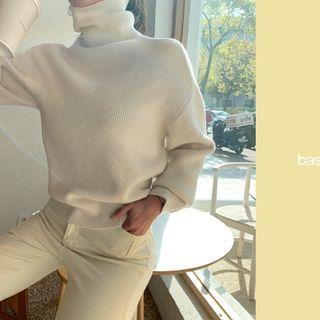 Turtleneck Rib-knit Sweater Cream - One Size