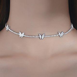 Butterfly Rhinestone Sterling Silver Choker Silver - One Size