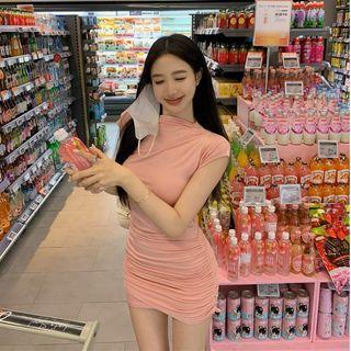 Cap-sleeve Mini Bodycon Dress Pink - One Size