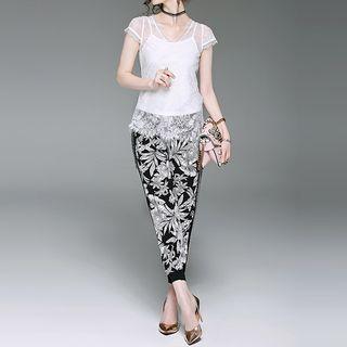 Set: Lace Short Sleeve T-shirt + Camisole + Printed Jogger Pants