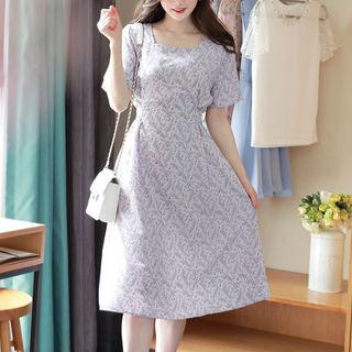 Square-neck Tie-waist Floral Midi Dress
