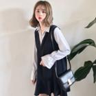Long-sleeve Striped Mini Mock Two-piece Dress Blue - One Size