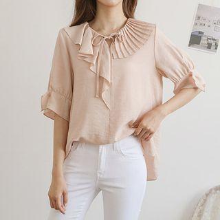 Tie-neck Pleated-ruffle Blouse