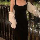Wide Strap Drawstring Midi Knit Dress
