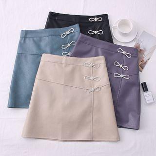 Rhinestone-ribbon Faux-leather Mini Skirt