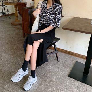 Elbow-sleeve Leopard Print Shirt / Midi A-line Skirt