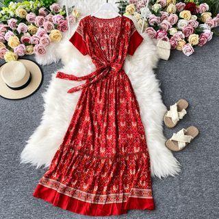 Tied-waist Short-sleeve Max Split Dress