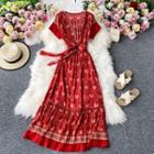 Tied-waist Short-sleeve Max Split Dress
