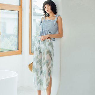 Set: Ruffle Leaf Print Bikini + Side-slit Cropped Wide-leg Pants