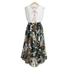 Set: Sleeveless Top + Floral Print A-line Midi Skirt
