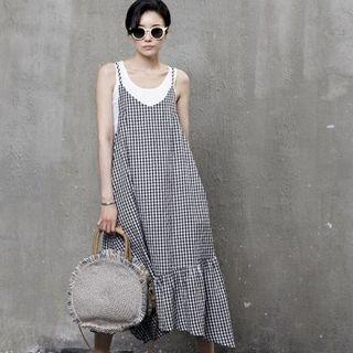 Spaghetti-strap Checked Long Dress Black - One Size