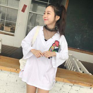 3/4 Sleeve Embroidery Mesh Panel Top