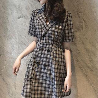 Elbow-sleeve Collar Plaid V-neck Mini Dress