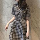 Elbow-sleeve Collar Plaid V-neck Mini Dress