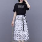 Set: Short-sleeve Lettering Print T-shirt + Butterfly Print Tiered Midi A-line Skirt