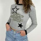 Long Sleeve Contrast-trim Ribbed-knit Star & Lettering Print Crop Top