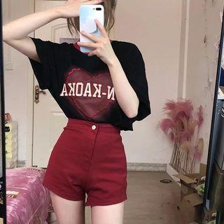 Short-sleeve Lettering T-shirt / High Waist Shorts / Set