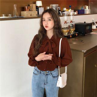 Plain Bow-accent Long-sleeve Loose-fit Blouse