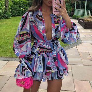 Printed Bell-sleeve V-neck Ruffle Trim Mini Dress