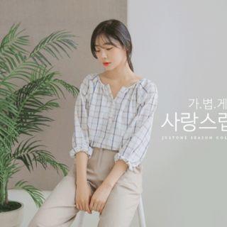 Long-sleeve Half-placket Plaid Top