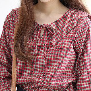 Tie-neck Puff-sleeve Plaid Blouse