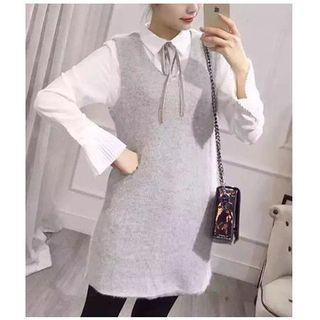 Set: Bow Long-sleeve Shirt + Sleeveless Knit Dress