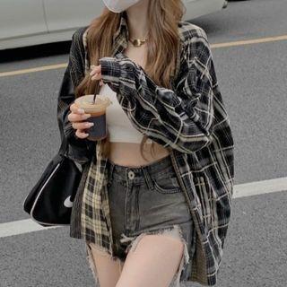 Cropped Camisole Top / Plaid Shirt / Distressed Denim Hot Pants