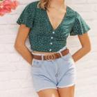 Short-sleeve Dotted Buttoned Crop Top