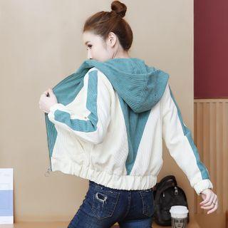 Two-tone Hooded Zip-up Corduroy Jacket