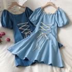 Puff-sleeve Lace Up Denim A-line Dress