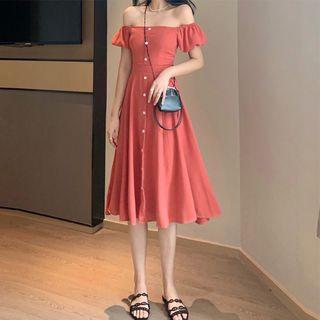 Short-sleeve Buttoned A-line Midi Dress Red - One Size