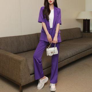 Set: Short-sleeve Double-breasted Blazer + Bootcut Pants