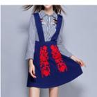 Set: Embroidered Striped Shirt + Embroidered Suspender Skirt