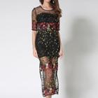 Floral Embroidered Elbow-sleeve Midi Sheath Dress