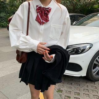 Pocket Detail Shirt With Bow - White - One Size
