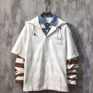 Hooded Mock Two-piece Long-sleeve Polo Shirt