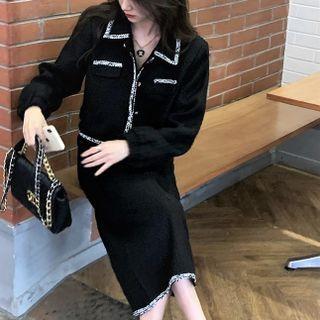 Contrast Trim Cropped Button-up Jacket / Midi Pencil Skirt