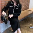 Contrast Trim Cropped Button-up Jacket / Midi Pencil Skirt