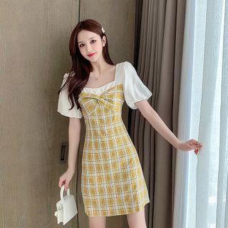 Mock Two-piece Puff-sleeve Plaid Mini Sheath Dress